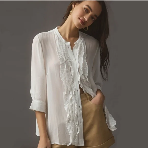 Maeve By Anthropologie White Ruffled Bib Collar Blouse Size S - Picture 2 of 7